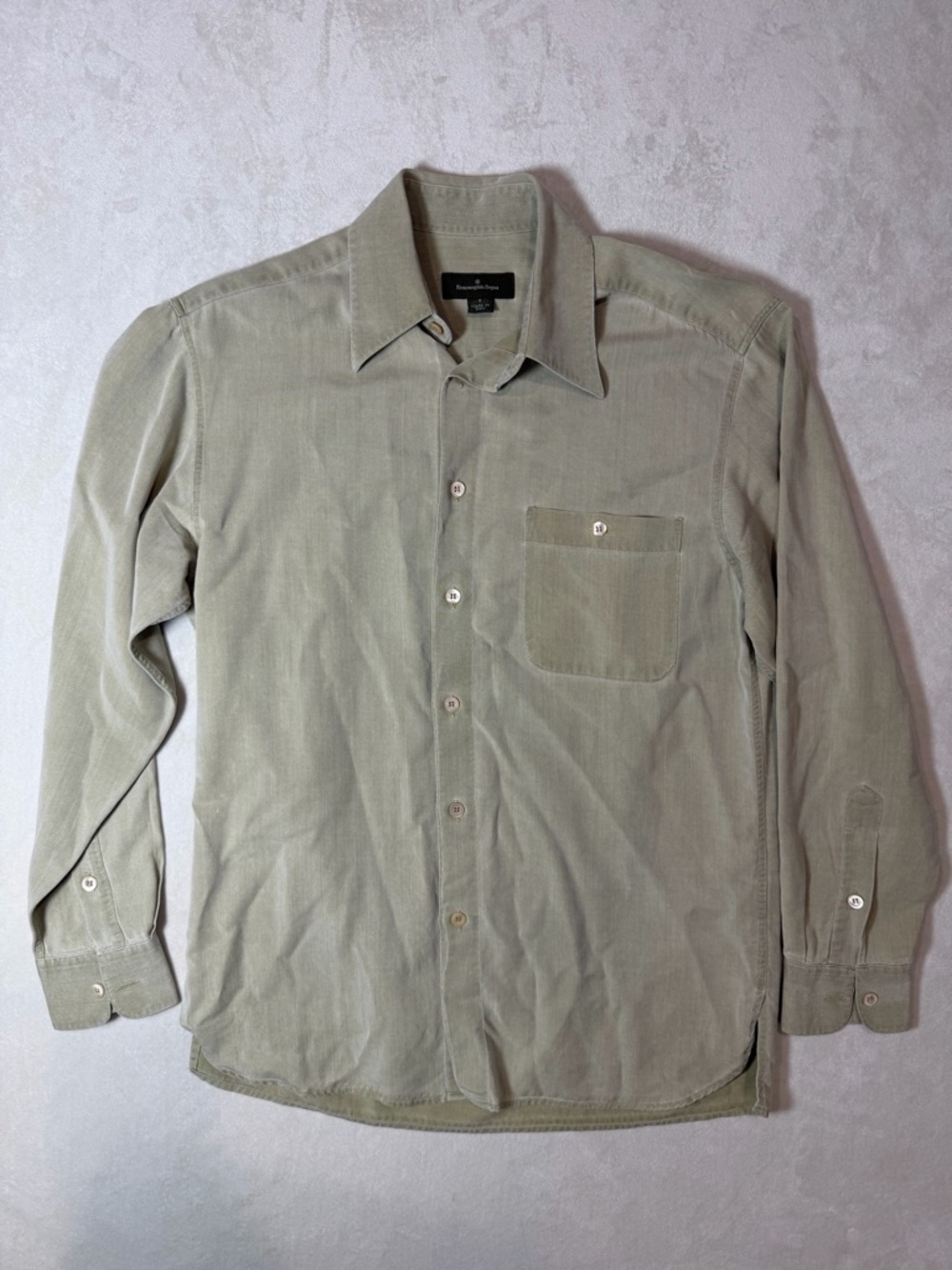 Ermenegildo Zegna Size Small Olive Green Cotton Silk Blend Herringbone Shirt